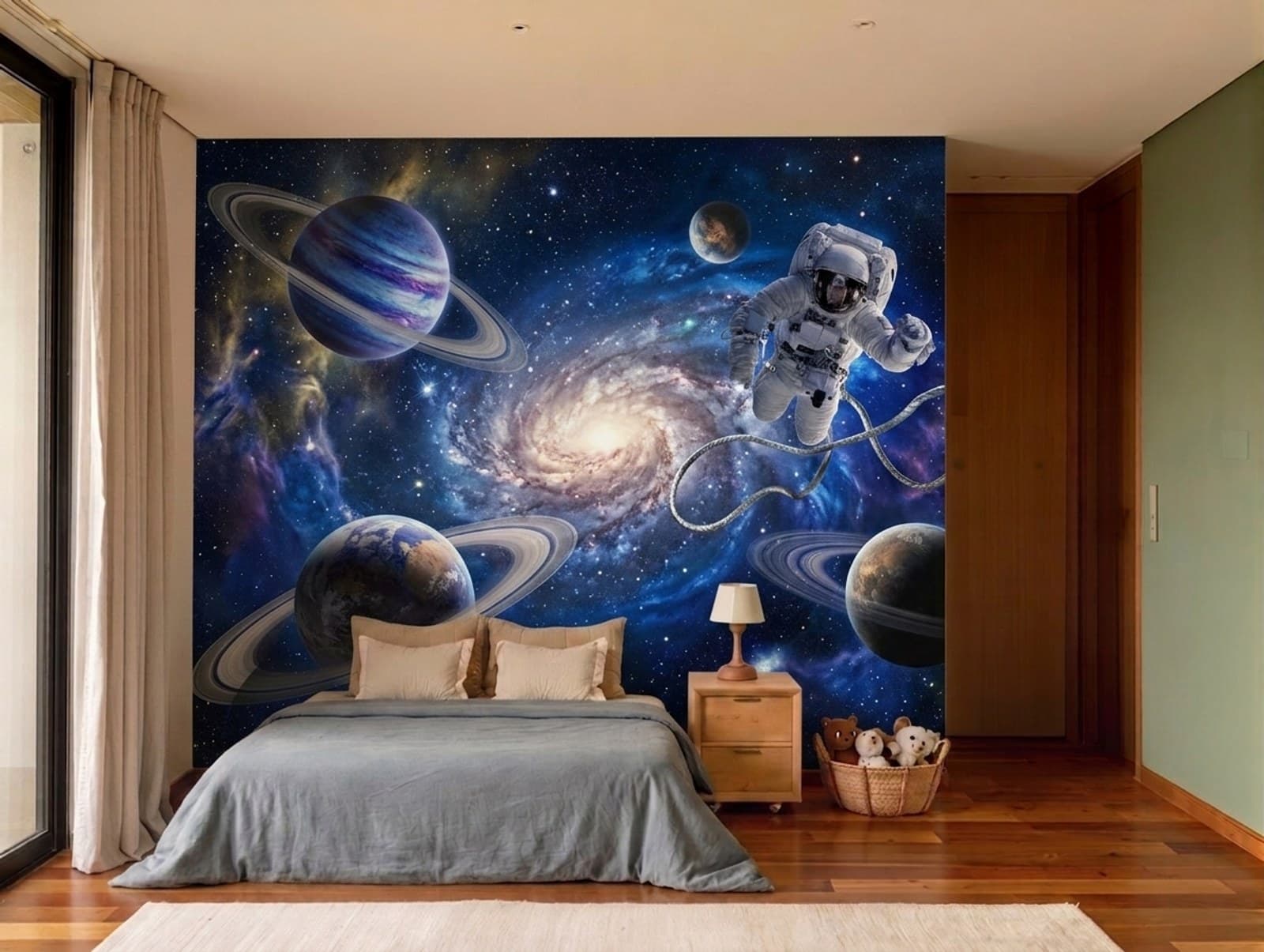 el mural de galaxias instalado en la pared